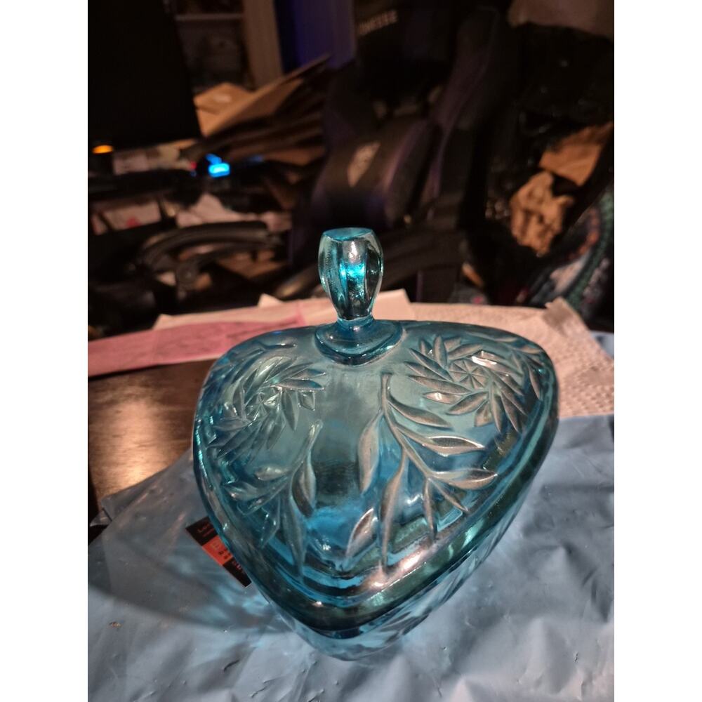 Vintage Hazel Atlas Capri Blue Pinwheel glass lidded triangular candy dish